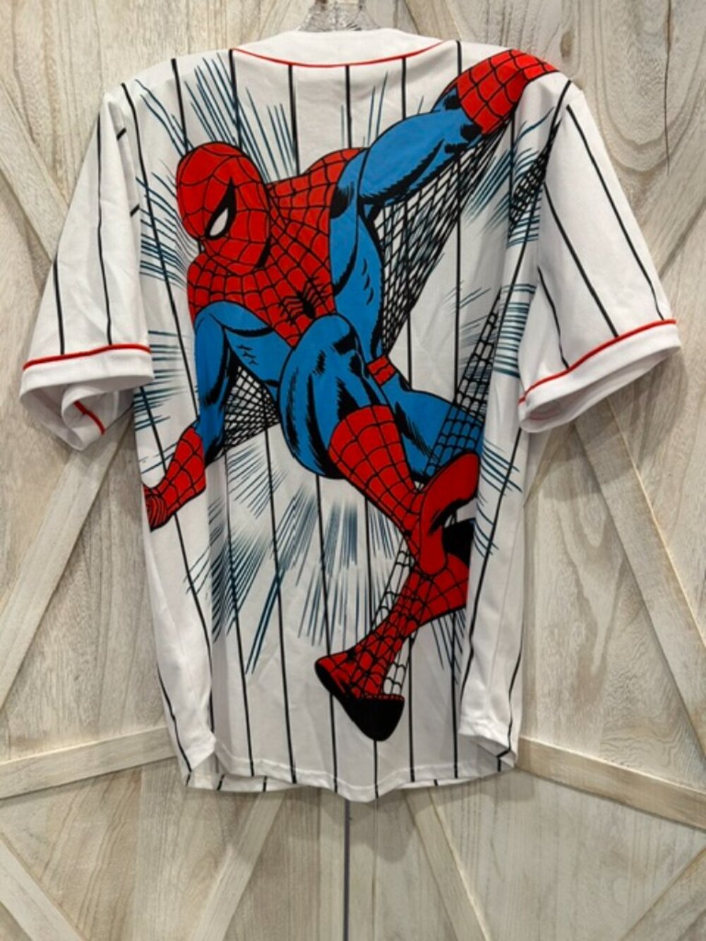 Marvel Spider‑Man Jersey Large White Pinstripe Button‑Up Red Graphic Shirt - Picture 2 of 11